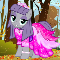 Size: 1000x1000 | Tagged: safe, artist:cheezedoodle96, artist:katya, edit, character:maud pie, autumn, clothing, dress, female, glow, leaves, solo, sparkles, tree