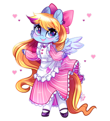 Size: 900x990 | Tagged: safe, artist:ipun, oc, oc only, oc:ribbon love, species:anthro, species:pegasus, species:pony, species:unguligrade anthro, anthro oc, apron, arm hooves, bow, chibi, clothing, deviantart watermark, dress, female, friendship cafe, hair bow, heart, maid, mare, obtrusive watermark, shoes, simple background, socks, solo, transparent background, watermark