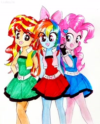 Size: 2309x2847 | Tagged: safe, artist:liaaqila, character:pinkie pie, character:rainbow dash, character:sunset shimmer, my little pony:equestria girls, belt, blossom (powerpuff girls), bow, bubbles (powerpuff girls), buttercup (powerpuff girls), clothing, cosplay, costume, cute, dashabetes, diapinkes, open mouth, peace sign, powerpuff girls z, ribbon, shimmerbetes, simple background, the powerpuff girls, traditional art, trio, white background