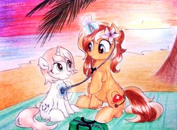 Size: 3153x2322 | Tagged: safe, artist:liaaqila, oc, oc only, oc:healing touch, oc:tranquil paradise, species:pony, species:unicorn, beach, checkup, first aid kit, flower, flower in hair, glowing horn, horn, listening, not sunset shimmer, nurse, palm tree, pine tree, sand, sky, stethoscope, sunset, traditional art, tree, tree branch, water