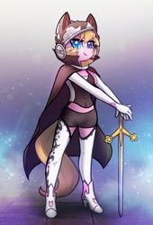 Size: 1575x2311 | Tagged: safe, artist:dawnfire, oc, oc only, oc:random cloak, species:anthro, species:pony, species:unicorn, anthro oc, claymore, cloak, clothing, female, garters, gloves, looking at you, mare, midriff, shoes, short shirt, shorts, solo, stockings, sword, thigh highs, weapon