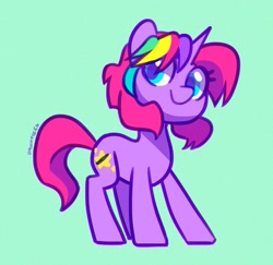 Size: 1237x1200 | Tagged: safe, artist:dawnfire, oc, oc only, oc:techy twinkle, species:pony, species:unicorn, cel shading, cute, eyestrain warning, female, full body, green background, looking at you, mare, shading, simple background, solo, standing