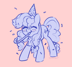 Size: 922x866 | Tagged: safe, artist:dawnfire, oc, oc only, oc:cinnabyte, species:earth pony, species:pony, adorkable, birthday, clothing, confetti, cute, dork, earth pony oc, glasses, hat, neckerchief, party hat, party horn, patreon sketch, sketch, solo