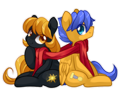 Size: 816x608 | Tagged: safe, artist:loyaldis, oc, oc only, oc:crushingvictory, oc:golden glory, species:earth pony, species:pegasus, species:pony, back to back, clothing, cute, folded wings, holding hoof up, looking at each other, ocbetes, scarf, shared clothing, shared scarf, sharing, simple background, smiling, transparent background, wings
