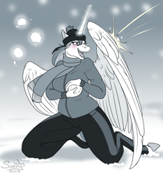 Size: 1000x1067 | Tagged: safe, artist:sunny way, character:princess celestia, species:alicorn, species:anthro, species:pony, feather, female, fun, horn, magic, open mouth, playing, snow, snowball, snowball fight, solo, wings, winter