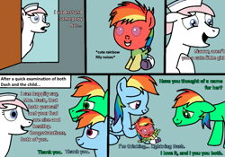Size: 893x626 | Tagged: safe, artist:didgereethebrony, character:nurse redheart, character:rainbow dash, oc, oc:didgeree, oc:lightning dash, oc:oliver, parent:oc:oliver, parent:rainbow dash, parents:canon x oc, species:pegasus, species:pony, comic:rainbow dash x oliver, baby, baby pony, dialogue, diaper, foal, newborn, offspring, olidash, parents:olidash, rainbow fur, trace