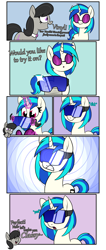 Size: 1700x4026 | Tagged: safe, artist:moonatik, character:dj pon-3, character:octavia melody, character:vinyl scratch, species:earth pony, species:pony, species:unicorn, bow tie, brainwashing, comic, dialogue, female, glasses, goggles, hypnogear, hypnogoggles, hypnosis, implied lesbian, implied scratchtavia, implied shipping, magic, mare