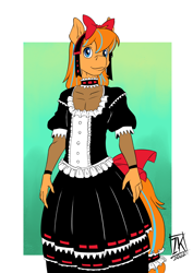 Size: 724x1024 | Tagged: safe, artist:zwitterkitsune, oc, oc:cold front, species:anthro, bow, choker, clothing, commission, crossdressing, dress, gothic lolita, headband, looking at you, tailband