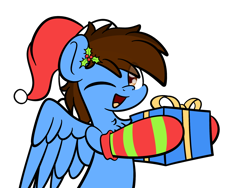 Size: 2048x1536 | Tagged: safe, artist:kimjoman, part of a set, oc, oc only, oc:pegasusgamer, species:pegasus, species:pony, bust, chest fluff, christmas, clothing, happy, hat, holiday, looking at you, one eye closed, pegasus oc, present, santa hat, simple background, smiling, socks, solo, striped socks, transparent background, wings, wink, ych result