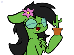 Size: 2560x1920 | Tagged: safe, artist:kimjoman, oc, oc only, oc:prickly pears, cactus, chest fluff, cute, eyes closed, flower, flower in hair, glasses, happy, smiling, solo