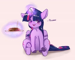 Size: 3985x3225 | Tagged: safe, artist:miokomata, character:twilight sparkle, character:twilight sparkle (alicorn), species:alicorn, species:pony, blushing, both cutie marks, chest fluff, cute, dialogue, ear fluff, female, floppy ears, food, glowing horn, horn, looking at you, magic, mare, open mouth, pancakes, pink background, plate, simple background, sitting, solo, telekinesis, twiabetes, underhoof