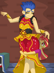 Size: 900x1200 | Tagged: safe, artist:mashoart, character:flash sentry, character:sunset shimmer, ship:flashimmer, my little pony:equestria girls, bracelet, butthug, clothes swap, clothing, crossdressing, dancing, eyelashes, eyes closed, female, girly sentry, heart eyes, hug, jewelry, male, shipping, straight, wingding eyes