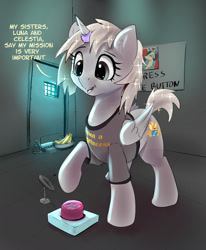 Size: 1397x1698 | Tagged: safe, artist:xbi, derpibooru original, oc, species:alicorn, species:pony, 30 minute art challenge finished after, alicorn oc, banana, blatant lies, button, cheated, clothing, food, horn, horn ring, magic suppression, obey, prison cell, raised hoof, sad, satellite dish, shirt, solo