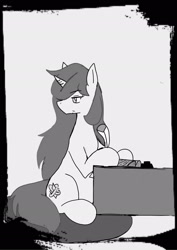 Size: 1451x2048 | Tagged: safe, alternate version, artist:omegapony16, oc, oc only, species:pony, species:unicorn, female, horn, inkwell, looking back, mare, quill, sitting, solo, unicorn oc, writing