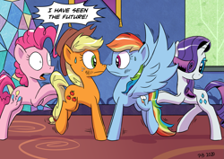 Size: 2047x1447 | Tagged: safe, artist:pony-berserker, character:applejack, character:pinkie pie, character:rainbow dash, character:rarity, species:earth pony, species:pegasus, species:pony, species:unicorn, ship:appledash, boop, butt touch, dialogue, female, forced shipping, i can't believe it's not idw, implied shipping, lesbian, looking at each other, nose to nose, noseboop, now kiss, pushing, reaction, shipper on deck, shipping, speech bubble