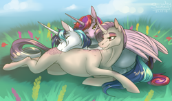 Size: 1401x824 | Tagged: safe, artist:sunny way, patreon reward, character:princess cadance, character:shining armor, oc, oc:bleeding heart, oc:sumac spirit, species:alicorn, species:pony, species:unicorn, cuddle puddle, cuddling, cute, cutedance, feather, female, grass, horn, male, mare, nightmare cadance, nightmarified, open mouth, patreon, pile, pony pile, shining adorable, smiley face, smiling, stallion, wings