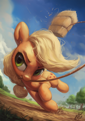 Size: 850x1200 | Tagged: safe, artist:assasinmonkey, character:applejack, species:earth pony, species:pony, cute, female, hatless, hay bale, jackabetes, lasso, mare, mouth hold, rope, solo, tree