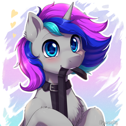 Size: 2000x2000 | Tagged: safe, artist:evomanaphy, oc, oc only, oc:spiral light, species:pony, species:unicorn, blushing, collar, cute, dawwww, floating heart, heart, leash, looking at you, male, mouth hold, solo, stallion