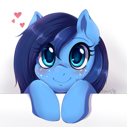 Size: 2000x2000 | Tagged: safe, artist:evomanaphy, oc, oc only, oc:stardust, species:pony, blushing, cute, diabetes intensifies, floating heart, freckles, heart, hooves on the table, looking at you, ocbetes, peeking, redraw, smiling, smiling at you, solo