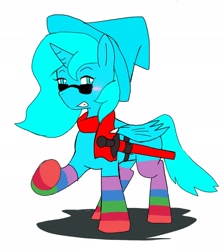 Size: 1833x2048 | Tagged: safe, artist:omegapony16, oc, oc only, oc:oriponi, species:alicorn, species:bat pony, species:pony, alicorn oc, bat pony alicorn, blush sticker, blushing, clothing, colored, grin, hat, rainbow socks, raised hoof, scarf, simple background, smiling, socks, solo, striped socks, sunglasses, sword, weapon, white background, witch hat