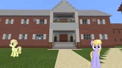 Size: 1334x750 | Tagged: safe, artist:bluemeganium, artist:vector-brony, edit, editor:topsangtheman, character:cloud kicker, species:crystal pony, species:pony, golden glitter, house, looking at you, minecraft