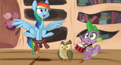Size: 1278x687 | Tagged: safe, artist:php27, edit, character:owlowiscious, character:rainbow dash, character:spike, species:bird, species:dragon, species:owl, species:pegasus, species:pony, episode:testing testing 1-2-3, g4, my little pony: friendship is magic, cropped, cute, dashabetes, drums, female, golden oaks library, happy, male, mare, mlpgdraws, musical instrument, open mouth, scene interpretation, spikabetes, spread wings, stool, stooldash, wings