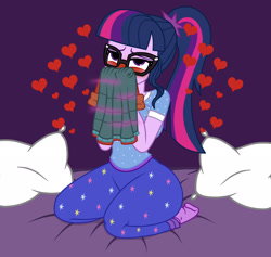 Size: 1900x1800 | Tagged: safe, artist:mashoart, character:twilight sparkle, character:twilight sparkle (scitwi), species:eqg human, my little pony:equestria girls, bed, blushing, clothing, female, glasses, heart, pajamas, sniffing, socks, solo