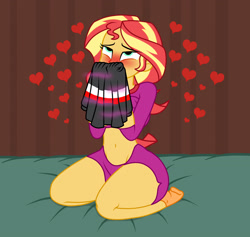 Size: 1900x1800 | Tagged: safe, artist:mashoart, character:sunset shimmer, my little pony:equestria girls, bed, blushing, clothing, female, glasses, heart, implied shipping, pajamas, sniffing, solo