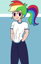 Size: 1150x1800 | Tagged: safe, artist:mashoart, character:rainbow dash, species:human, my little pony:equestria girls, abs, alternate hairstyle, athlete, athletic, belly button, breasts, clothing, delicious flat chest, female, human coloration, looking at you, muscles, muscular female, no catchlights, ponytail, rainbow flat, rainbuff dash, small breasts, smiling, solo, toned, toned female, workout outfit