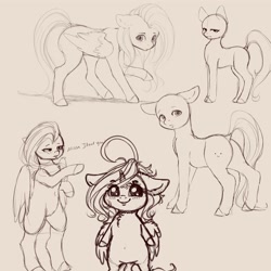 Size: 4000x4000 | Tagged: safe, artist:miokomata, character:fluttershy, oc, oc:dazzling talents, species:alicorn, species:pegasus, species:pony, ahoge, alicorn oc, bald, blushing, chest fluff, dialogue, dock, female, floppy ears, freckles, freckleshy, looking at you, looking back, looking back at you, mare, pink background, semi-anthro, simple background