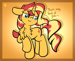 Size: 2385x1920 | Tagged: safe, artist:kimjoman, character:sunset shimmer, species:pony, species:unicorn, chest fluff, cute, dialogue, female, floppy ears, gradient background, lidded eyes, mare, raised leg, shimmerbetes, smiling, solo