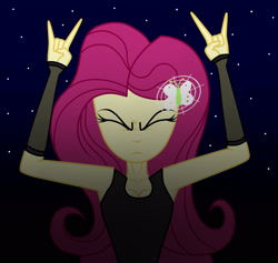 Size: 1900x1800 | Tagged: safe, artist:mashoart, character:fluttershy, my little pony:equestria girls, breasts, cleavage, devil horn (gesture), eyes closed, headbang, metalshy, night
