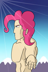 Size: 1200x1800 | Tagged: safe, artist:mashoart, character:pinkie pie, species:human, bubble berry, crepuscular rays, friendship is manly, humanized, male, rule 63, solo