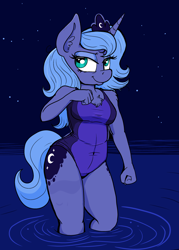 Size: 2550x3555 | Tagged: safe, artist:paskanaakka, derpibooru original, character:princess luna, species:alicorn, species:anthro, species:pony, g4, chest fluff, cleavage fluff, clothing, female, mare, night, one-piece swimsuit, s1 luna, solo, stars, swimsuit, water, wingless