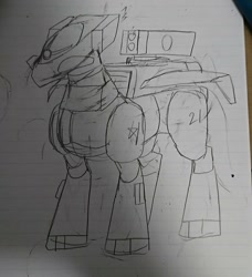 Size: 1080x1186 | Tagged: safe, artist:omegapony16, oc, oc only, species:pony, irl, lined paper, photo, robot, robot pony, rocket launcher, solo, traditional art