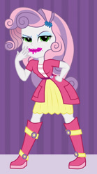 Size: 1000x1800 | Tagged: safe, artist:mashoart, character:sweetie belle, my little pony:equestria girls, alternate hairstyle, boots, clothing, cutie mark hair accessory, eyeshadow, female, green eyes, hairpin, hairstyle swap, implied rarity, jewelry, lipstick, makeup, shoes, smeared lipstick, solo