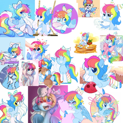 Size: 768x768 | Tagged: safe, artist:lazuli, artist:rioshi, artist:starshade, oc, oc:rainbow dreams, species:pegasus, species:pony, adoptable, adorable face, bow, clothing, commission, cute, female, food, for sale, not rainbow dash, pancakes, plushie, rip off, rip-off, socks, spoon, strawberry, striped socks, swing, syrup, unoriginal, wing hands, wings, your character here