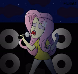 Size: 1900x1800 | Tagged: safe, artist:mashoart, character:fluttershy, my little pony:equestria girls, eyes closed, female, microphone, open mouth, sign, solo