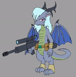 Size: 2024x2048 | Tagged: safe, artist:omegapony16, oc, oc only, oc:oriponi, species:anthro, species:digitigrade anthro, species:dragon, dragon oc, dragoness, female, gray background, gun, rifle, simple background, solo, weapon