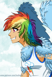 Size: 1181x1772 | Tagged: safe, artist:inuhoshi-to-darkpen, character:rainbow dash, species:human, chest feathers, clothing, female, fluffy, grin, humanized, shoulder feathers, smiling, solo, tank top, winged humanization, wings