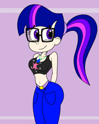 Size: 1350x1700 | Tagged: safe, artist:mashoart, character:twilight sparkle, character:twilight sparkle (scitwi), species:eqg human, my little pony:equestria girls, belly button, belt, clothing, female, glasses, hands behind back, human coloration, jewelry, midriff, pants, pendant, ponytail, sleeveless, smiling, solo, tank top
