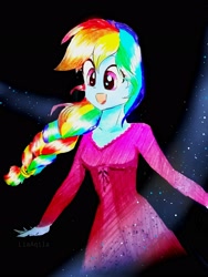 Size: 2313x3084 | Tagged: safe, artist:liaaqila, character:rainbow dash, my little pony:equestria girls, alternate hairstyle, braid, clothing, cute, dashabetes, dress, female, frozen (movie), happy, open mouth, solo