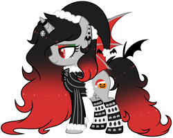Size: 2940x2343 | Tagged: safe, artist:aestheticallylithi, artist:lazuli, base used, oc, oc only, oc:merry mischief, species:alicorn, species:bat pony, species:pony, alicorn oc, bat pony alicorn, bat pony oc, bat wings, bow tie, christmas, clothing, coat, ear piercing, earring, eyeshadow, female, freckles, halloween, hat, heart eyes, holiday, horn, horn ring, jack-o-lantern, jewelry, makeup, mare, piercing, pumpkin, santa hat, simple background, snow, snowflake, snowman, socks, solo, striped socks, transparent background, watermark, wingding eyes, wings