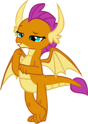 Size: 4087x5731 | Tagged: safe, artist:memnoch, character:smolder, species:dragon, blinking, claws, crossed legs, dragoness, fangs, female, horns, raised arm, raised eyebrow, simple background, smugder, solo, spread wings, talking, teenaged dragon, teenager, toes, transparent background, vector, wings