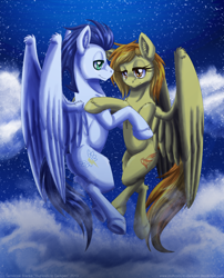 Size: 900x1113 | Tagged: safe, artist:inuhoshi-to-darkpen, character:soarin', character:spitfire, species:pegasus, species:pony, ship:soarinfire, backwards cutie mark, cloud, cloudy, ear fluff, embrace, female, flying, lidded eyes, male, mare, night, realistic horse legs, shipping, stallion, straight, unshorn fetlocks