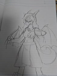 Size: 1080x1440 | Tagged: safe, artist:omegapony16, oc, oc only, oc:oriponi, species:anthro, species:digitigrade anthro, species:dragon, clothing, dragon oc, dragoness, female, irl, lineart, lined paper, photo, solo, traditional art