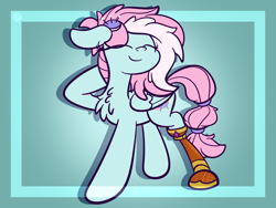 Size: 2560x1920 | Tagged: safe, artist:kimjoman, character:kerfuffle, species:pegasus, species:pony, friendship is magic: rainbow roadtrip, g4, my little pony: friendship is magic, amputee, blue background, chest fluff, eyes closed, female, gradient background, high res, mare, pincushion, prosthetic leg, prosthetic limb, prosthetics, raised leg, simple background