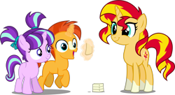 Size: 4806x2610 | Tagged: safe, artist:cheezedoodle96, artist:orin331, artist:xebck, edit, editor:slayerbvc, character:starlight glimmer, character:sunburst, character:sunset shimmer, species:pony, species:unicorn, blaze (coat marking), brother and sister, colt, colt sunburst, female, filly, filly starlight glimmer, happy, levitation, magic, male, pigtails, ponies wearing sunburst's socks, siblings, simple background, smiling, sockless sunburst, socks (coat marking), sunny siblings, teenager, telekinesis, transparent background, vector, vector edit, younger