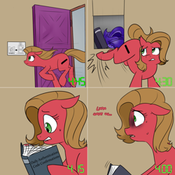 Size: 1502x1502 | Tagged: safe, artist:jitterbugjive, oc, oc only, oc:pun, species:earth pony, species:pony, ask pun, armor, ask, book, female, floppy ears, lip bite, mare, solo