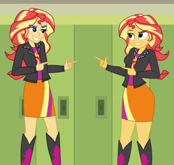 Size: 1900x1800 | Tagged: safe, artist:mashoart, character:flash sentry, character:sunset shimmer, my little pony:equestria girls, boots, clothing, crossdressing, finger gun, finger guns, grin, jacket, leather, leather jacket, looking at each other, matching outfits, miniskirt, shoes, skirt, smiling